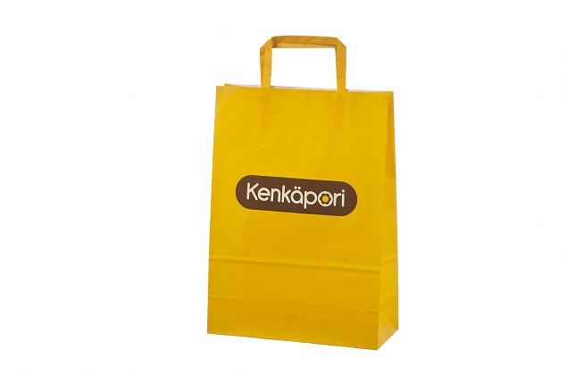 Hyv�nn�k�inen oranssi litte�kannikkeinen paperikassi. Saatavana yksil�llisell� painatuksella. Mini