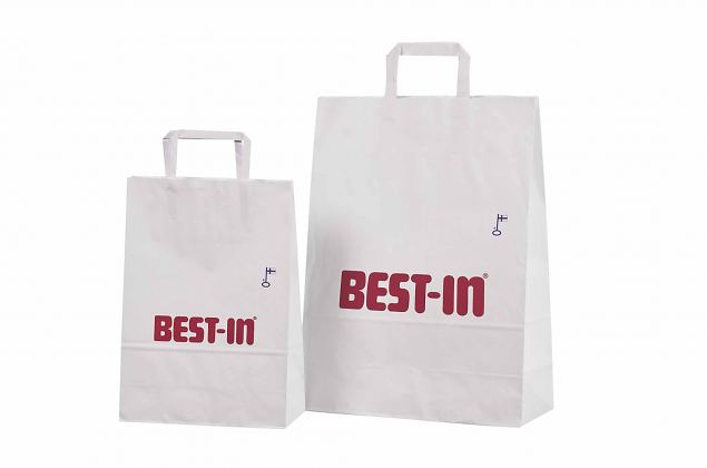 valkoiset tyylikk��t litte�kannikkeiset paperipussit omalla painatuksella 