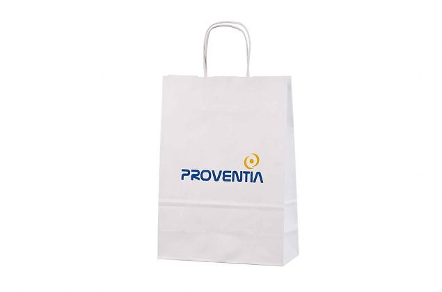 Kraftig och h�llbar vit papperskasse. Kan skr�ddarsys med personlig logga. Minsta orderantal med p