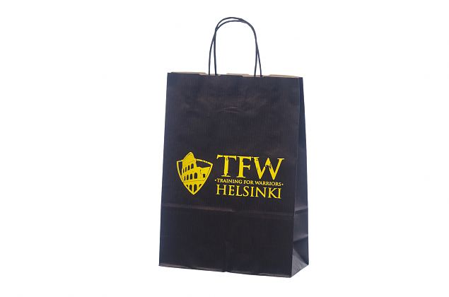 Kraftig och h�llbar svart papperskasse. Kan skr�ddarsys med personlig logga. Gratis frakt till Sve