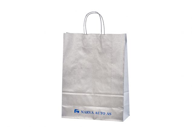 Kraftig och h�llbar silverf�rgad papperskasse. Kan skr�ddarsys med personlig logga. Minsta orderan