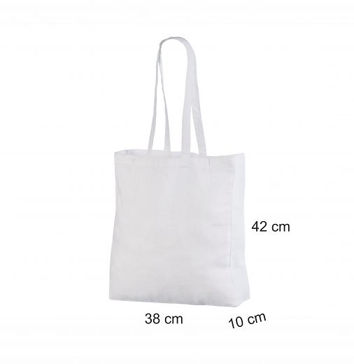 Valkoinen kangaskassi leve�ll� pohjalla ja pitkill� kannikkeilla