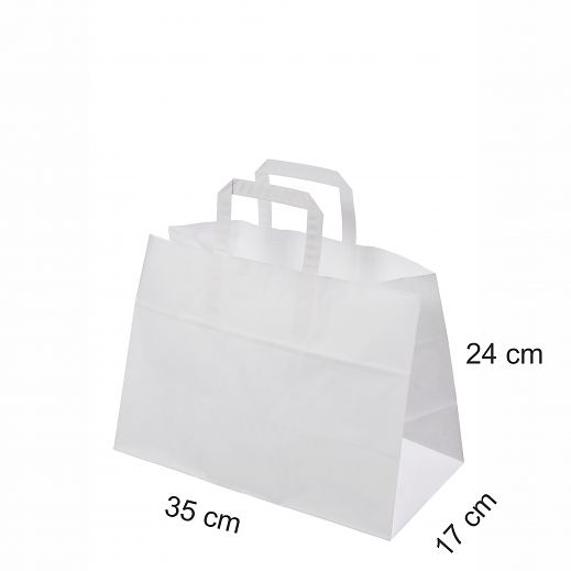 Valkoinen litte�kahvallinen take away-paperikassi 35x17x24 cm