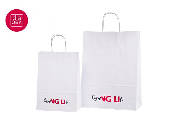 Valgetel paberkottidel on pabern��rist punutud sangad 